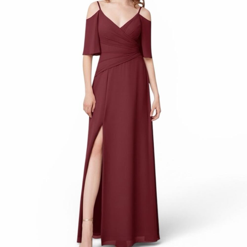 NWT Azazie Kalila 8 Chiffon A-Line Off Shoulder Dress Cabernet Burgundy Maroon